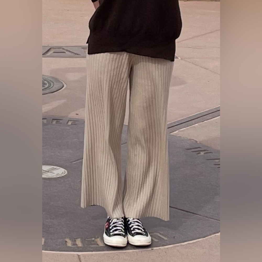 Cream Wide-Leg Knit Pants Size M